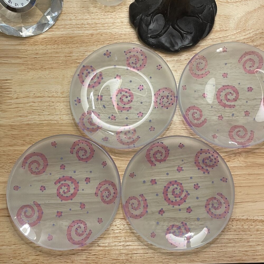 VINTAGE Dessert Plates Hand Painted Glass Pink Swirls Set of 4 Exc. Condition